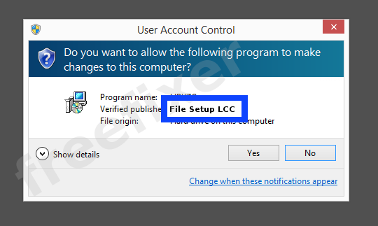 Screenshot where File Setup LCC appears as the verified publisher in the UAC dialog